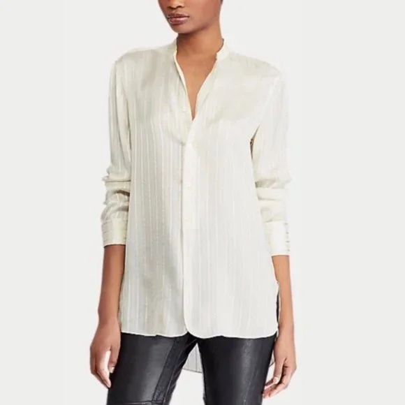 Polo Ralph Lauren 100% Silk Shirt Striped Band-Collar, Size XS New w/Tag - Picture 1 of 10